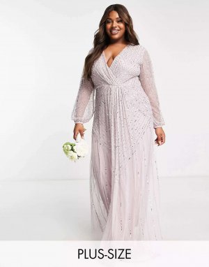 Платье с оборками Plus Bridesmaid, макси глубоким вырезом спереди и украшением пыльно-лилового цвета Frock and Frill