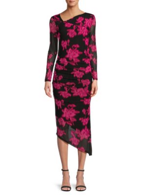 Асимметричное платье миди со сборками и цветочным принтом , цвет Black Pink Calvin Klein