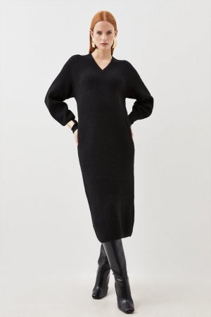 Уютное трикотажное платье миди из смесовой шерсти с V-образным вырезом , черный Karen Millen