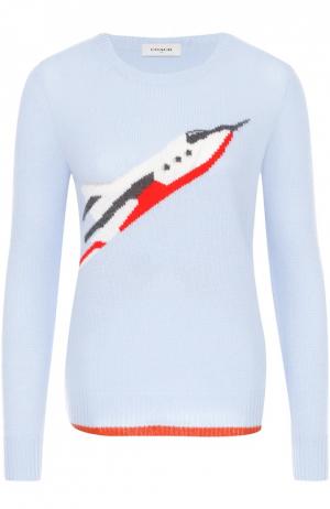 Кашемировый пуловер с круглым вырезом и принтом Coach. Цвет: голубой