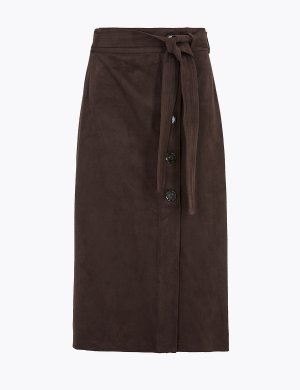 Юбка миди А-силуэта из замши с завязками на талии, Marks&Spencer Marks & Spencer. Цвет: темно-коричневый
