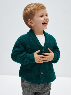 Базовый трикотажный кардиган для маленьких мальчиков с шалевым воротником LCW baby, средне-зеленый Baby