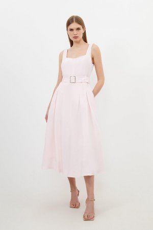 Льняное платье миди премиум-класса с квадратным вырезом и поясом , розовый Karen Millen