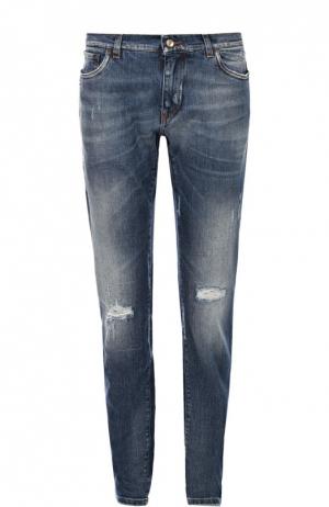 Зауженные джинсы с потертостями и вышивкой Dolce & Gabbana. Цвет: синий