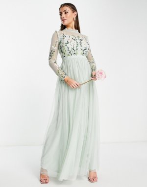 Платье макси светло-лилового цвета с декоративной отделкой на лифе и юбкой в складку Bridesmaid-Зеленый цвет Frock and Frill