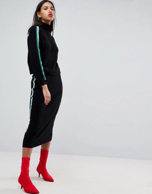 Трикотажная юбка миди с отделкой в спортивном стиле ASOS DESIGN. Цвет: черный
