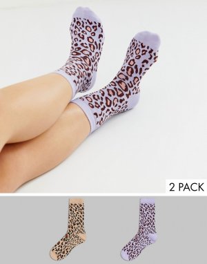 Набор из 2 пар носков с леопардовым принтом сиреневого и персикового цвета -Мульти Monki