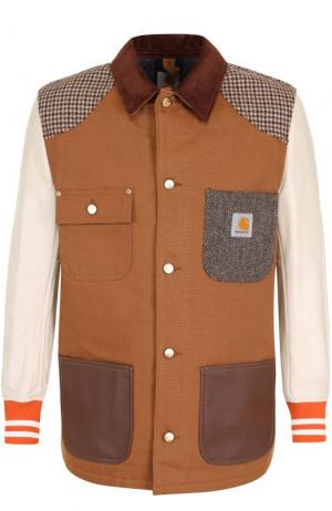 Хлопковая куртка на пуговицах с кожаными рукавами Junya Watanabe. Цвет: разноцветный