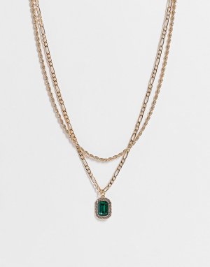 Золотистое двухрядное ожерелье с подвеской в виде зеленого камня -Серебряный ASOS DESIGN