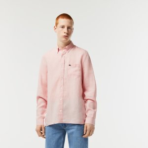 Рубашки Мужская льняная рубашка Regular Fit Lacoste. Цвет: розовый
