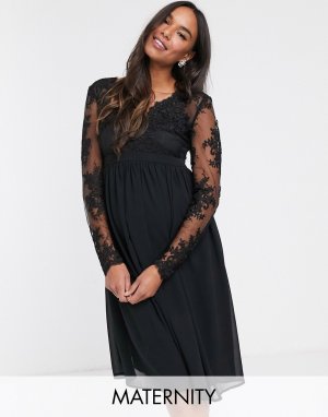 Черное платье миди с прозрачными рукавами и кружевными вставками -Черный Chi London Maternity