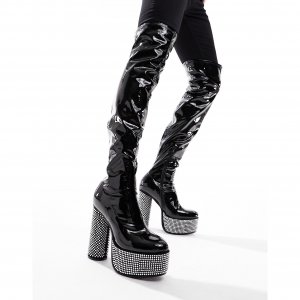 Ботфорты Design Over Knee Patent Faux Leather With Diamante Details, черный Asos