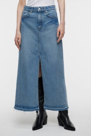 Юбка-трапеция макси джинсовая с открытыми срезами befree. Цвет: голубой