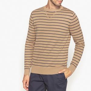 Пуловер в полоску с круглым вырезом, 100% хлопок La Redoute Collections. Цвет: в полоску бежевый/темно-синий