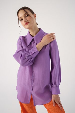 Пурпурная льняная рубашка-туника с острым воротником ALL DAY