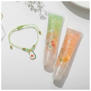 Набор 2 предмета: браслет, блеск для губ Фрукты с пузырьками авокадо, цвет зелёный Queen Fair. Цвет: зеленый