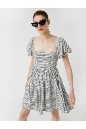 Мини-платье с короткими рукавами-фонариками и U-образным вырезом, детализированное , серый Koton