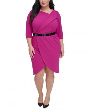 Платье больших размеров с поясом, рукавами 3/4 и подолом-тюльпаном , фиолетовый Calvin Klein