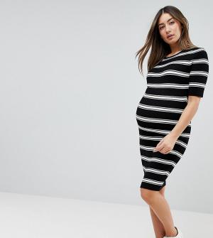 Трикотажное платье миди в полоску New Look Maternity. Цвет: черный