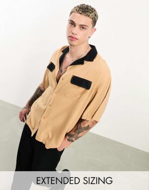 Светло-коричневая объемная рубашка свободного кроя с контрастным воротником и клапанами на карманах DESIGN Asos