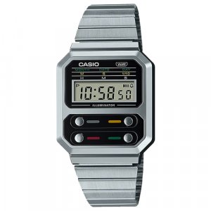 Винтажные Японсике часы Casio A1000WE-1A с будильником и секундомером. Цвет: серебристый