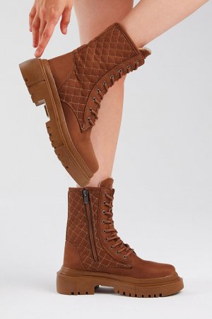 Женские светло-коричневые замшевые стеганые сапоги с рисунком, удобные длинные ботинки на шнуровке TONNY BLACK