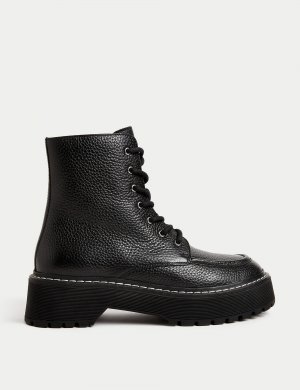 Кожаные ботинки на плоской подошве массивной шнуровке , черный Marks & Spencer