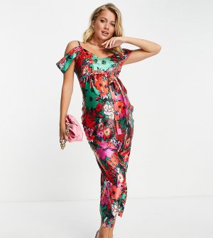 Атласное платье-комбинация мидакси с открытыми плечами и ярким цветочным принтом -Многоцветный Hope & Ivy Maternity