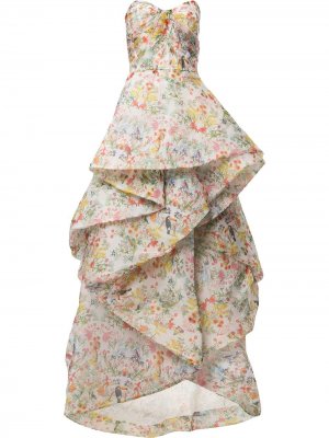 Платье с оборками и цветочным принтом Monique Lhuillier. Цвет: нейтральные цвета