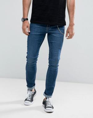 Выбеленные супероблегающие джинсы с цепочкой Hoxton Denim. Цвет: синий
