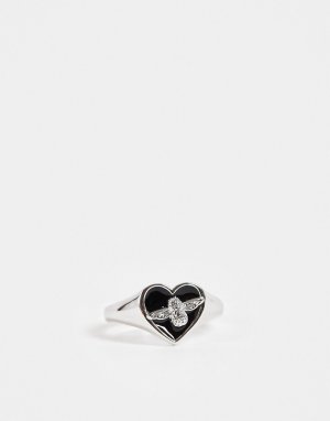 Кольцо-печатка черного и серебристого цвета Love Bug-Серебряный Olivia Burton