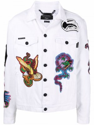 Джинсовая куртка с нашивками Philipp Plein. Цвет: белый
