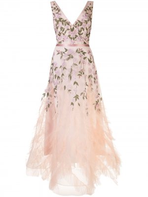 Вечернее платье из тюля с цветочной вышивкой Marchesa Notte. Цвет: бежевый