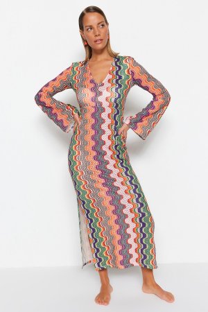Приталенное вязаное пляжное платье макси с геометрическим узором , разноцветный Trendyol