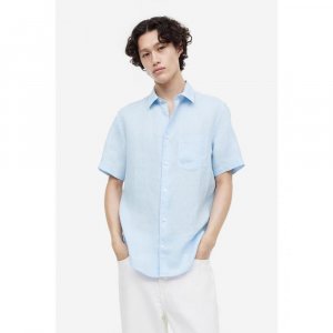 Льняная рубашка стандартного кроя с короткими рукавами светло-синяя 1035597009 H&M