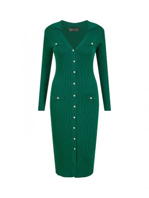 Mela London Вязаное приталенное платье миди, зеленое Yumi