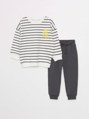 Толстовка и спортивные штаны для маленьких мальчиков с круглым вырезом принтом LCW baby, экрю полосатый Baby