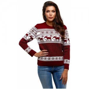 Шерстяной женский свитер, классический скандинавский орнамент с Оленями и снежинками, натуральная шерсть, бордово-белый цвет, размер S AnyMalls. Цвет: бордовый