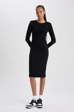 Облегающее платье миди в рубчик с круглым вырезом и длинными рукавами , черный DeFacto
