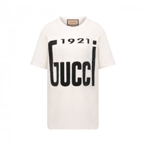 Хлопковая футболка Gucci. Цвет: кремовый