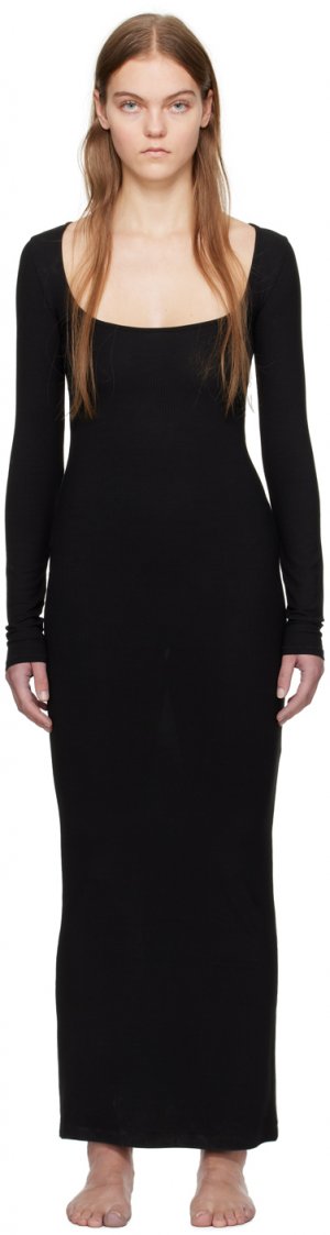 Черное мягкое платье макси с длинными рукавами Skims
