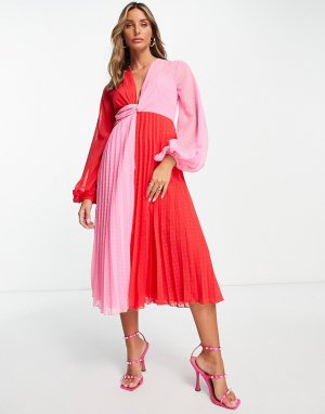Платье миди из ткани добби в стиле колор блок с перекрученной деталью спереди и плиссированной юбкой -Разноцветный ASOS DESIGN