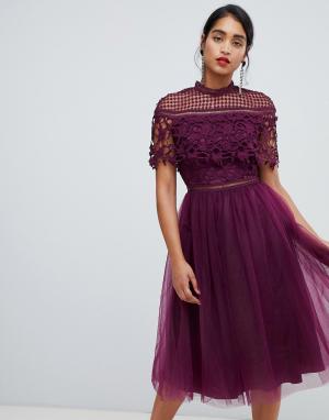Темно-фиолетовое платье миди 2 в 1 с кружевным топом и юбкой из тюля Chi London. Цвет: фиолетовый
