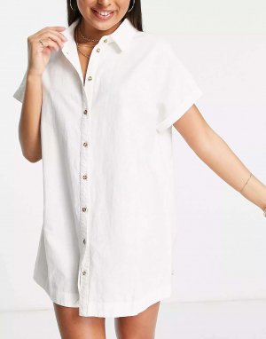 Классическое льняное пляжное платье-рубашка белого цвета Rhythm