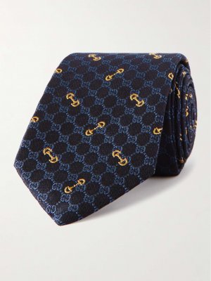 Шелковый жаккардовый галстук шириной 7 см с вышитым логотипом GUCCI, синий Gucci