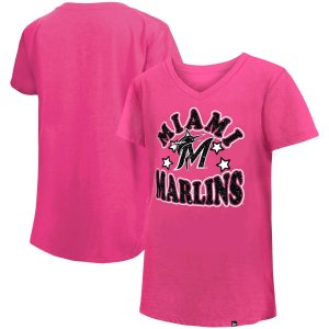 Розовая футболка из джерси Майами Марлинс для девочек, молодежная с v-образным вырезом и звездами New Era