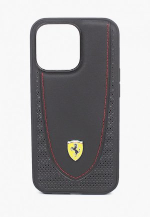 Чехол для iPhone Ferrari 13 Pro, Genuine leather Curved with metal logo Hard Black. Цвет: черный