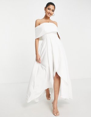 Свадебное асимметричное платье макси цвета слоновой кости с открытыми плечами -Белый True Violet