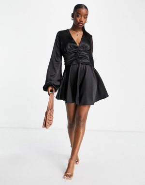 Черное атласное приталенное платье мини со свободной юбкой -Черный цвет John Zack