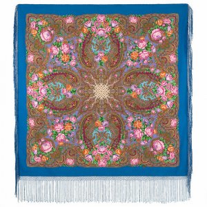 Платок ,148х148 см, голубой, коричневый Павловопосадская платочная мануфактура. Цвет: синий